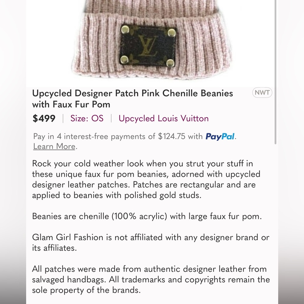 New LV Pink Chenille Patch Beanie - Picture 3 of 3